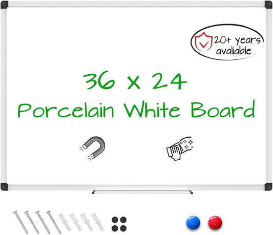 XBoard Porcelain Magnetic Dry Erase Board 36 x 24 Inch, Porcelain Whiteboard with Aluminium Frame & Marker Tray 3' x 2' | Wall Mounted Magnetic White Board for Home School Office