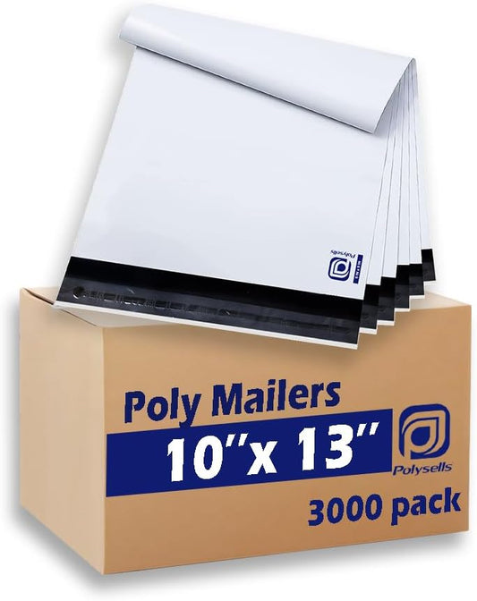 POLYSELLS 3000 pcs 10x13 Inches White Poly Mailers Shipping Envelopes, Strong Adhesive Sealing, Waterproof, and Tear-resistant Postal Mailing Bags for Clothing, Books, and Accessories