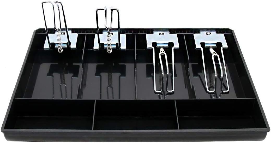 Cash Register Drawer Insert Tray 4 Bill/3 Coin Compartments with Metal Clip for Money Storage, Black