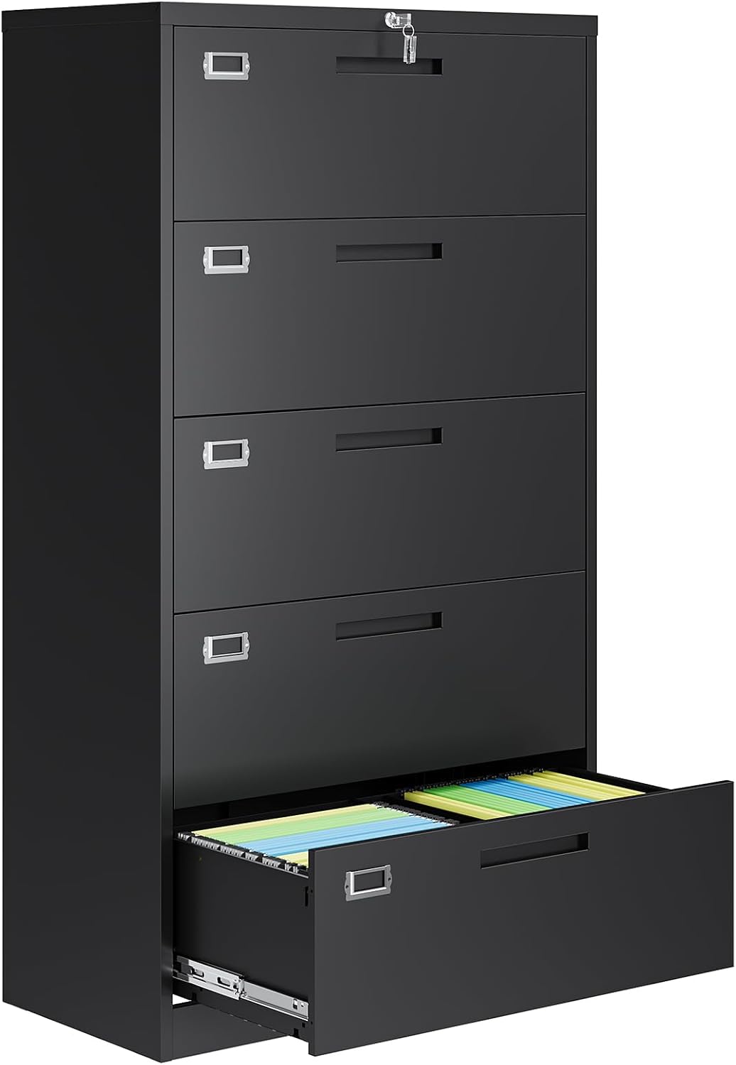 5 Drawer File Cabinets for Home Office, Metal Filing Cabinet with Lock, Black Locking File Caninet Five Drawer, Office Storage Caninets Steel Cabnet for Letter/Legal/A4/F4-Assembly Required