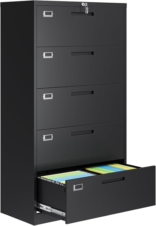 5 Drawer File Cabinets for Home Office, Metal Filing Cabinet with Lock, Black Locking File Caninet Five Drawer, Office Storage Caninets Steel Cabnet for Letter/Legal/A4/F4-Assembly Required