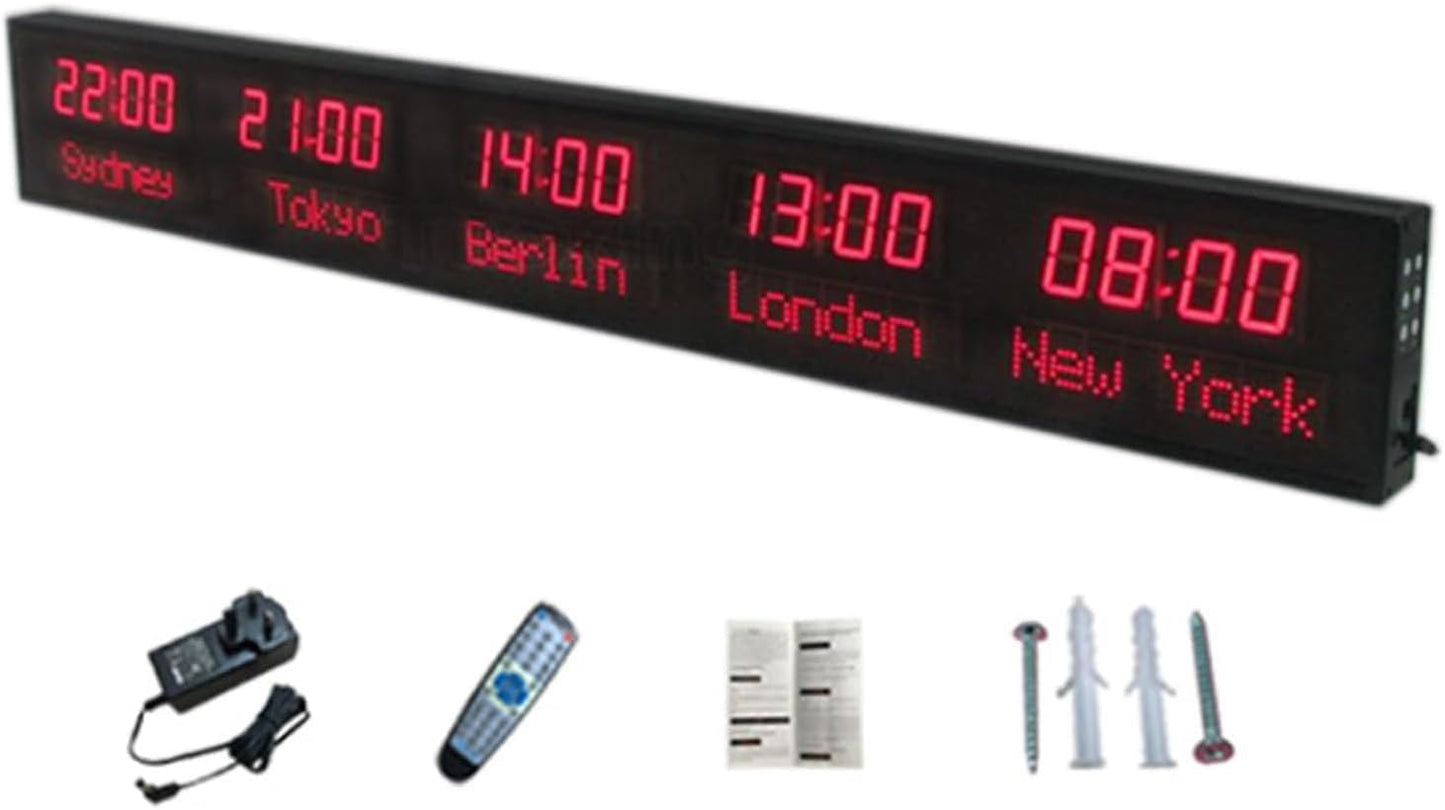 5 City Digital Wall Clock World Time Zone Display, City Can Be Changed, The Brightness Can Be Adjusted in Three Levels, The All-Aluminum Shell, for Hotel