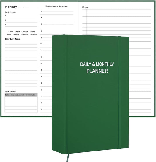 Daily & Monthly Planner for 2025 2026 or Anytime - ADHD Planner Two Pages Per Day, Daily Planner Undated to Increase Focus, Eliminate Overwhelm, Achieve Your Biggest Goals, 5.8'' × 8.3'', Green
