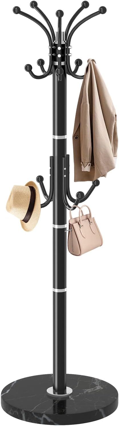 EZIVIEZ Modern Coat Rack Stand, 360° Rotary Metal Freestanding Coat Rack with Natural Marble Base, Black Coat Racks and Coat Hanger Tree Jacket Stand with 14 Hooks for Office, Entryway, Hallway