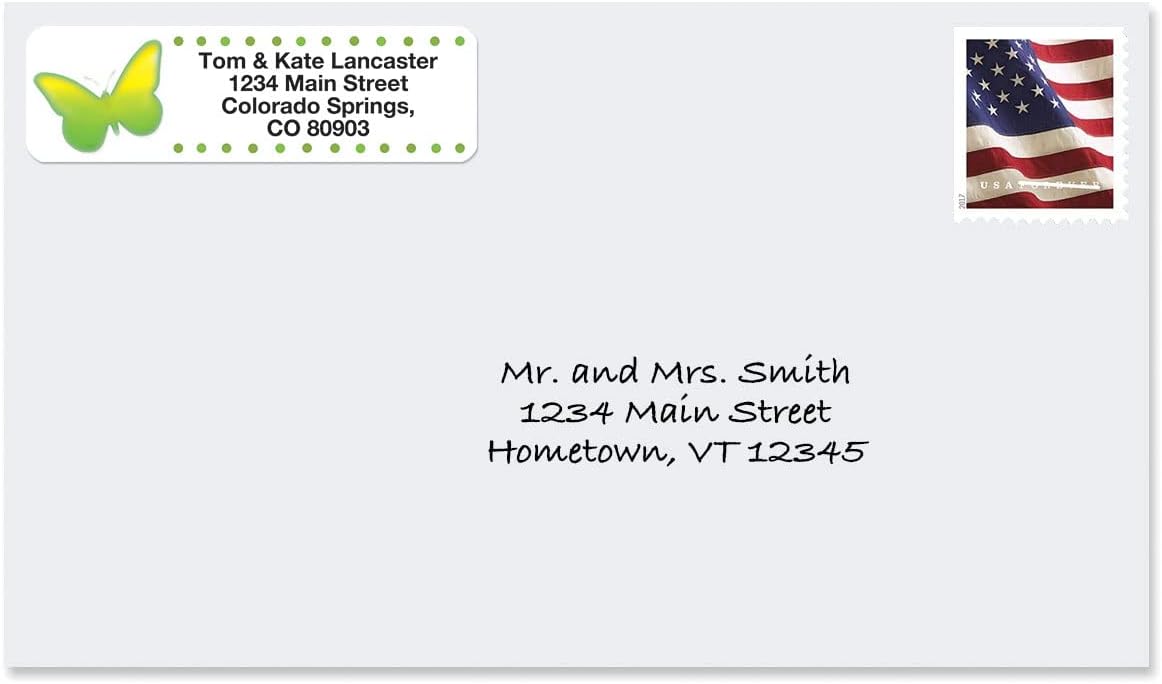 Watercolor Butterflies Rolled Personalized Return Address Mailing Labels with Dispenser, Set of 250, 5 Designs, Small ¾ x 2½ Inch Size, Custom Self-Adhesive Sticker Roll, by Colorful Images