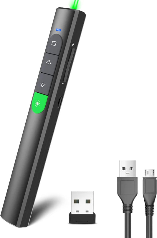 Wireless Presentation Clicker PowerPoint Presenter Remote: Rechargeable Green Laser Pointer Clickers for Computer/Mac/PPT/Slideshow/Google Slide Advancer