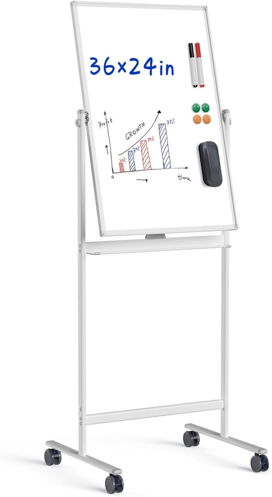 Rolling Whiteboard/w Height Adjustable, Mifuro 24 X 36 Large Portable Dry Erase Board with Stand and Wheels for Office,Classroom &School, White