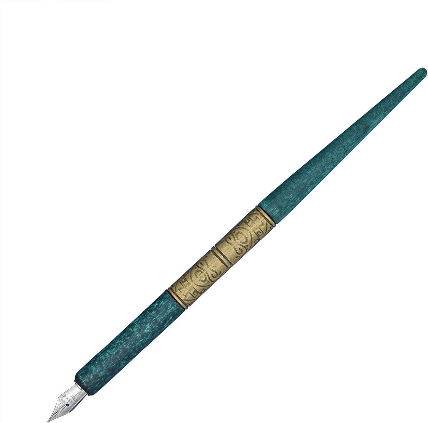 Gullor Wooden Dip Pen Calligraphy Set with Black Ink & 6 Nibs for Beginners, Kids, Writing, Signatures and Drawing, Ancient Cyan