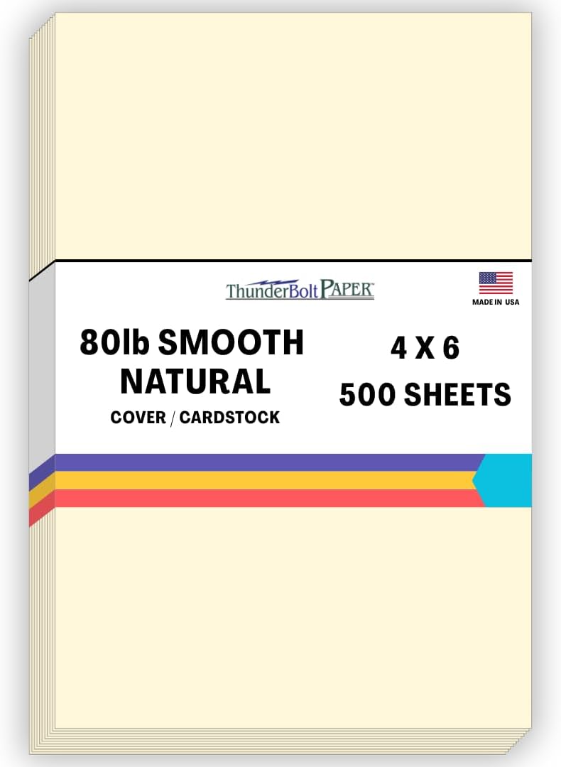 500 Natural Smooth Card Stock Sheets Paper - 4 X 6 Inches Photo|Card|Frame Size - 80# (80 lb/pound) Cover Weight - Quality Paper - Smooth Finish