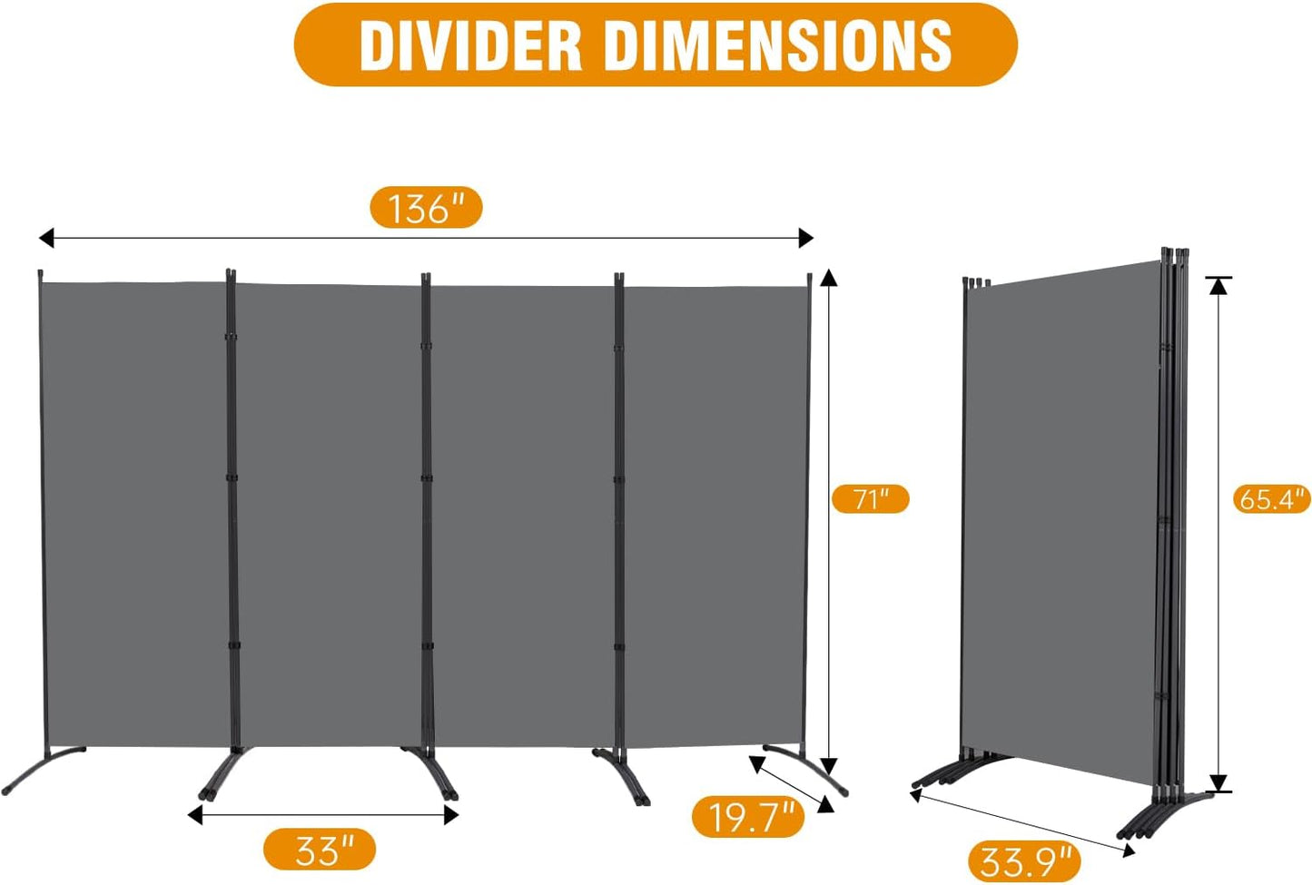 4 Panel Folding Privacy Screens, 6 FT Tall Wall Divider with Metal Frame, Freestanding Room Divider for Office Bedroom Study (4 Panel, Grey)