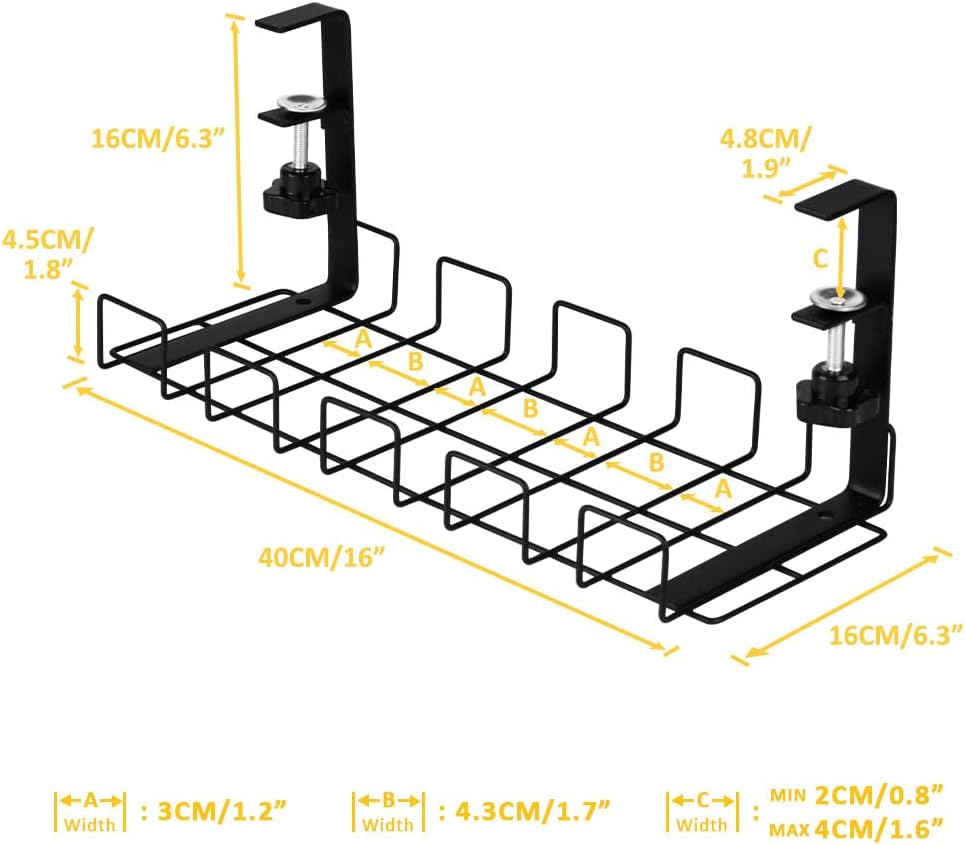 Under Desk Cable Management Trays 2 Pack, 16" Clamp Mounted Cord Organizer Holder Wire Organization No Drill Holes Needed for Computer Home Office Standing Tables to Conceal Power Strips