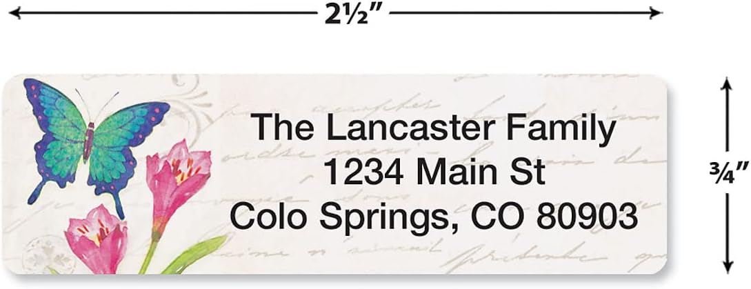 Butterflies & Flowers Rolled Personalized Return Address Mailing Labels with Dispenser, Set of 500, 5 Designs, Small ¾ x 2½ Inch Size, Custom Self-Adhesive Sticker Roll, by Colorful Images