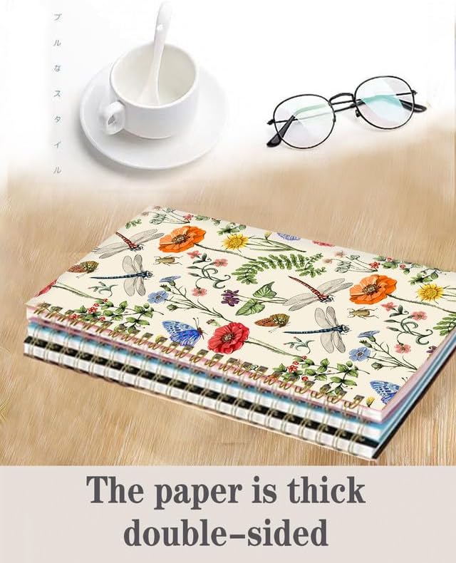 Spiral Journal Notebook,A5 Hardcover Lined Journals for Women Girl 6 x 8.3 in,120 Pages Thick Paper,Cute College Ruled Writing Notebook for Gifts Office Work School(Summer Flower Dragonfly)
