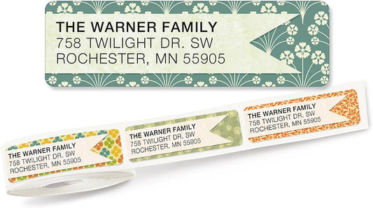 Blossom Banner Rolled Personalized Return Address Mailing Labels with Dispenser, Set of 500, 5 Designs, Small ¾ x 2½ Inch Size, Custom Self-Adhesive Sticker Roll, by Colorful Images