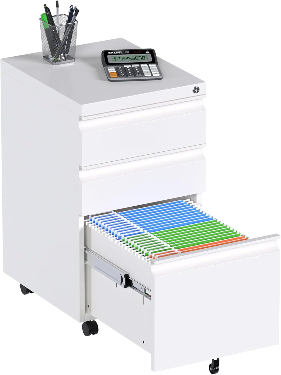 3 Drawer Mobile File Cabinet with Lock, Under Desk Metal Filing Cabinet for Hanging Files Letter/Legal/A4 Size for Home Office, Fully Assembled Except Wheels, White