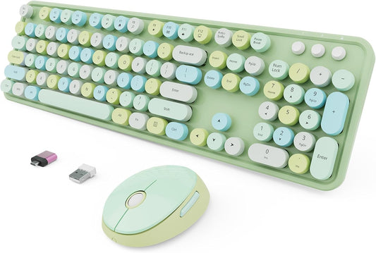 Wireless Keyboard and Mouse Combo, Ergonomic Full Size Typewriter Retro Round Keycaps Keyboard, Compatible with Windows, PC, Perfer for Home and Office Keyboards (Green