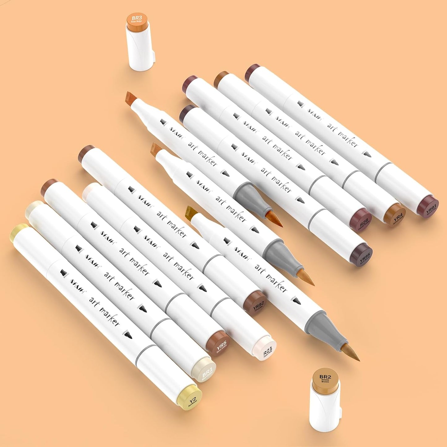 SFAIH Skin Tone Alcohol Markers Brush Tip - 12 Dark Skin Colors Double Tipped Art Markers for Artist Adult Coloring Illustration, Gifts for Artist Adult, Dual Tip Brush & Chisel - Refillable Ink
