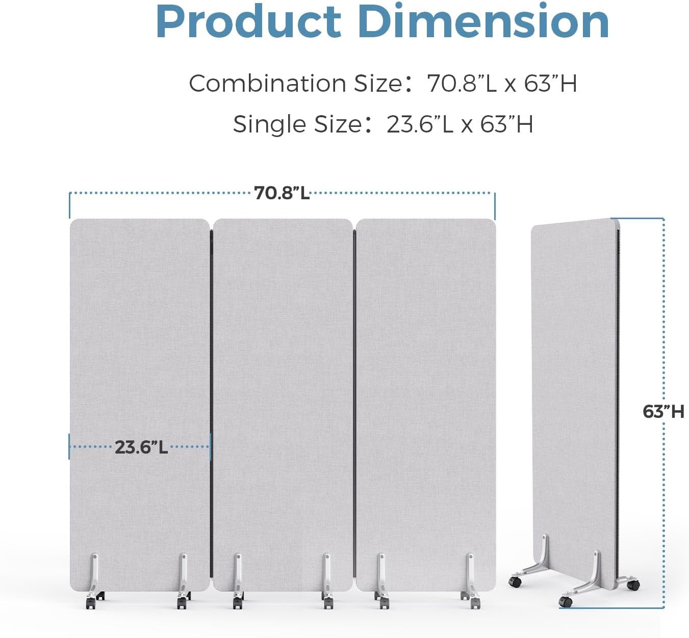 70.8" W x 63" H Freestanding Partition Room Dividers, Acoustic Panels with Wheels, 3 Soundproof Privacy Panels for Office, Reception Room, School, Hospital, Light Grey