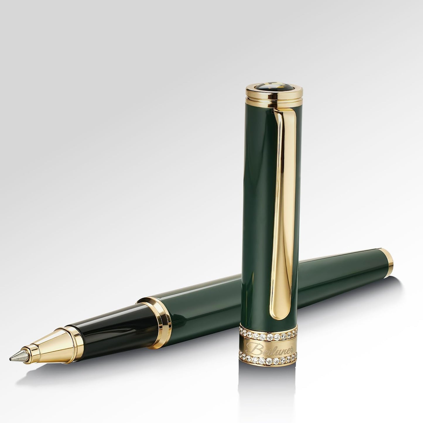 BEILUNER Green Lacquer Rollerball Pen, Diamond-Studded Cap Design, 24K Gold Trim, Noble and Elegant, Schneider Ink Refill, Best Pen Gift Set for Women & Men, Professional, Business Office, Nice Pens