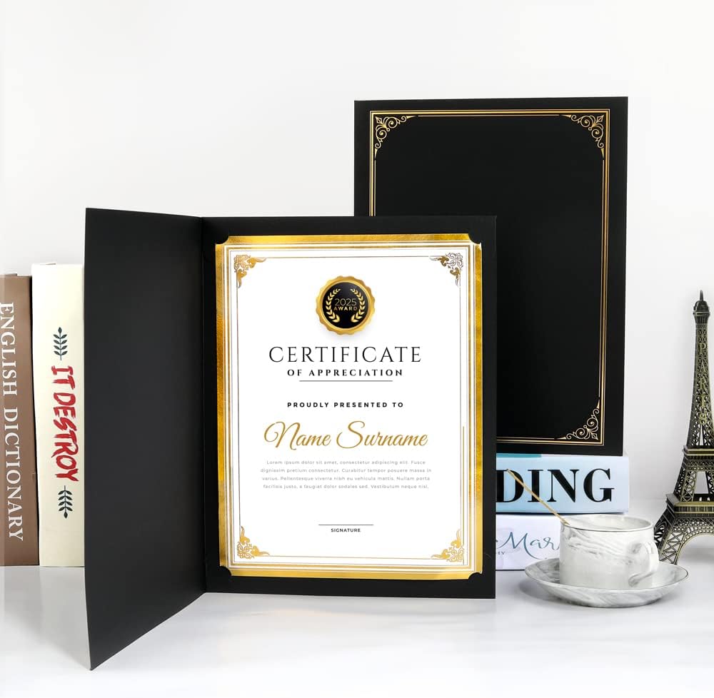 SUNEE Certificate Holders(Black, 80 Packs, New Pattern), Diploma Covers Gold Foil Border, for Letter Size 8.5x11 Certificates, Cardstock, Document Papers