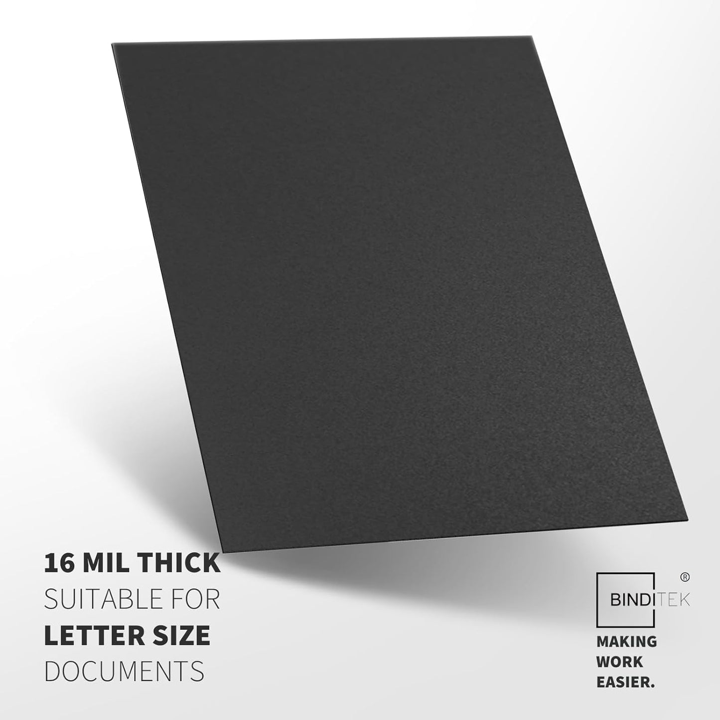 Binditek 50 Pack 16 Mil Sand-Textured Polycover - Plastic Binding Cover for Letter Size - Business Reports and Proposals - Lightly Sanded Finish - Square Corners, Un-Punched, Black