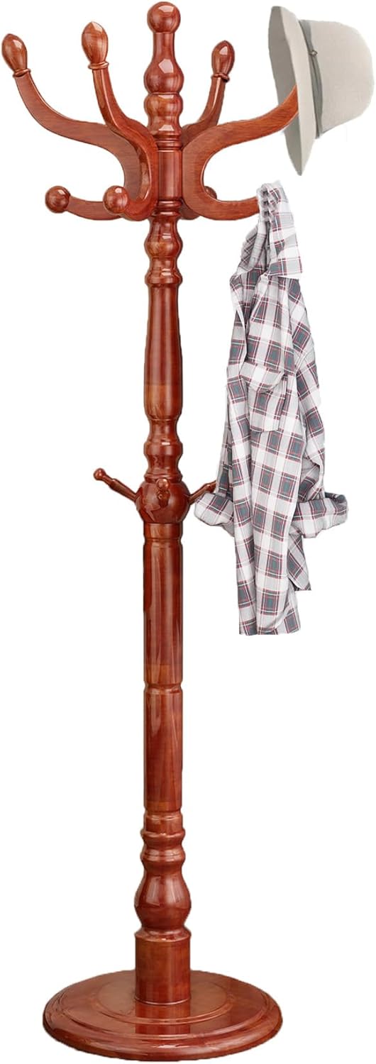 Wooden Coat Rack, Heavy Duty Coat Rack Freestanding with 11 Smooth Hooks, Coat Tree, Vintage Clothes Hanger Stand with Stable Disc Base for Bedroom, Entryway, Office-Load 180lbs (Light Brown)
