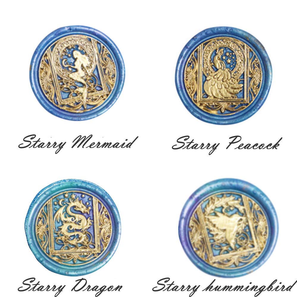 Wax Seal Stamp kit, ANBOSE Starry Animal Wax Seal Stamp Set with 4 PCS Removable Brass Heads and 1 Wooden Handle, Mermaid Peacock Dragon Hummingbird Sealing Wax Stamp for Letter Cards Invitations