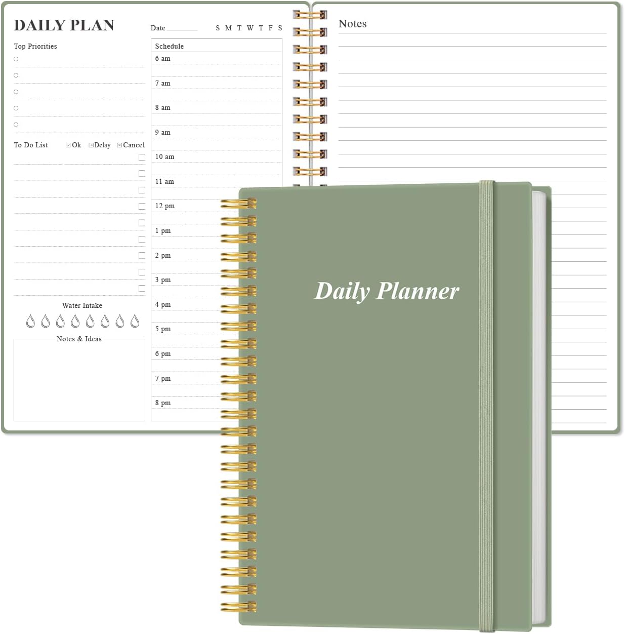 Daily Planner Undated - A5 To Do List Notebook Hourly Schedules, Spiral Appointment Planner for Women and Men, PVC Hardcover, Inner Pocket, Elastic Closure, 5.8" x 8.3", Green