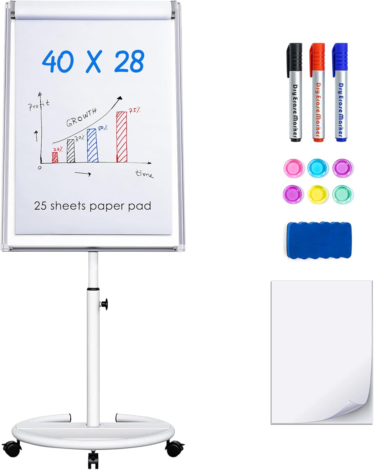 maxtek Mobile Dry Erase Board – 40x28 inches Magnetic Portable Whiteboard Stand Easel White Board Flipchart Easel Board with 25 Sheets Paper Pad for School Supplies