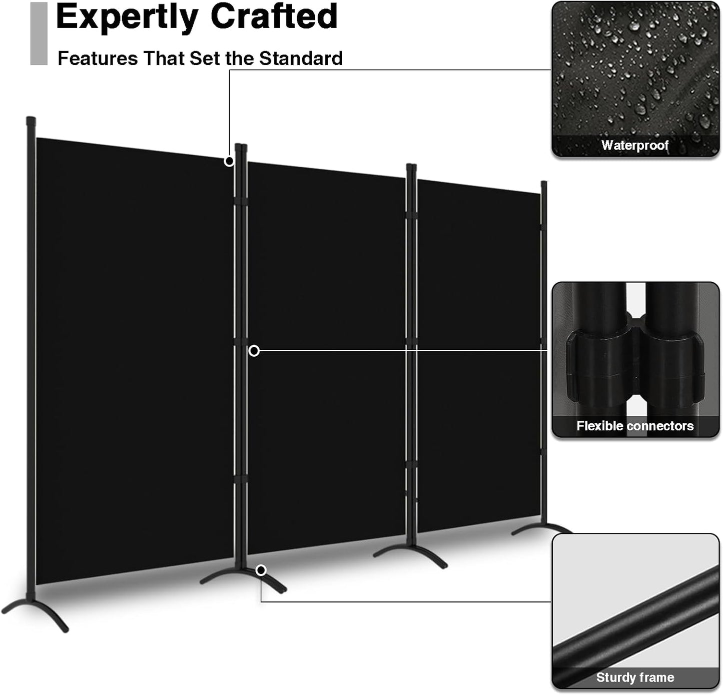 3 Panel Room Divider, 6FT Portable Room Dividers Folding Privacy Screens, 100" W Freestanding Fabric Divider for Room Separation, Partition Room Divider Panel for Dorm Home Studio Office, Black