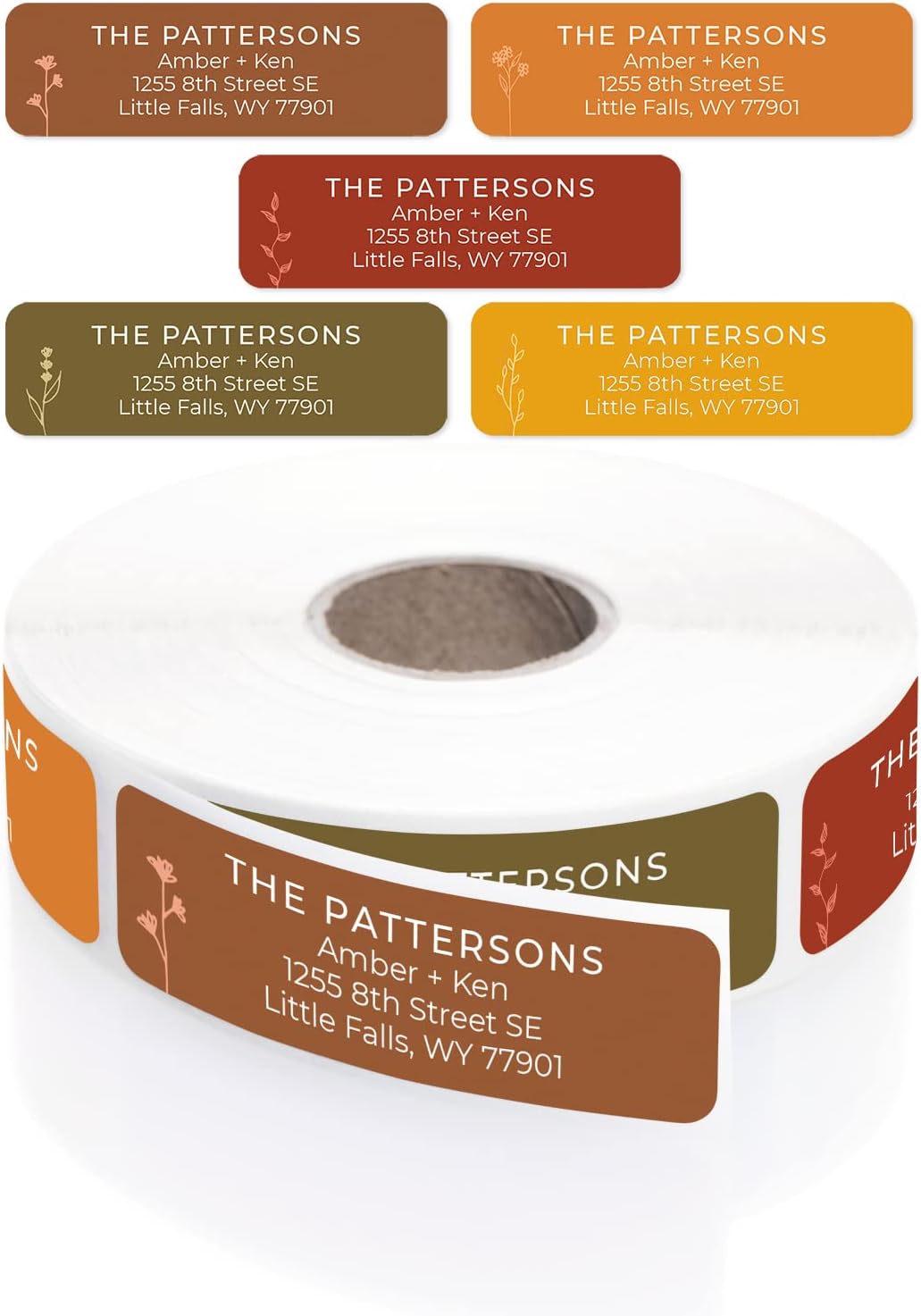 Botanical Flowers Rolled Address Labels/Roll of 250 Alternating Earth Tone Floral Illustrations Personalized Address Labels/Designer Return Address Stickers in Elegant Plastic Dispenser