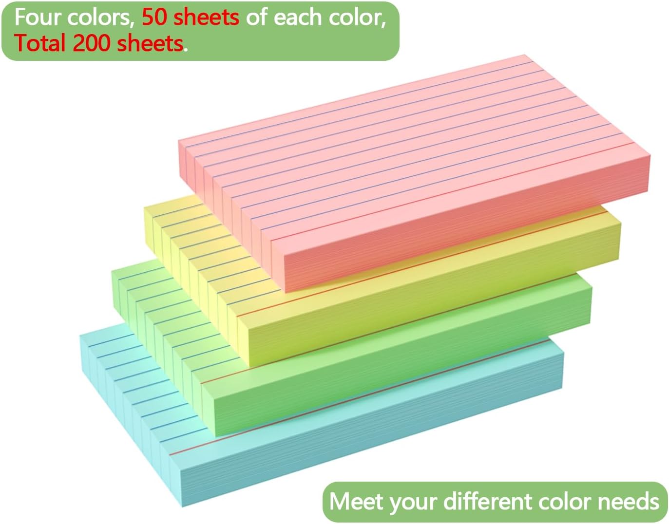 Colored Index Cards 3x5, 200 Pack, Ruled Index Cards, Flash Cards for Studying, Heavy Note Cards for Office, Home and School，Four Colors, Each Color Individually Wrapped, 50 Pack Per Package