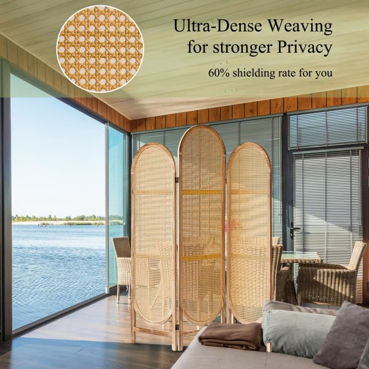Room Divider Panel, 3 Panel Roomdivider Wall, Wood Room Dividers and Folding Privacy Screens, Rattan Partition Room Dividers, Privacy Dividers for Rooms, Bedroom, Dining Room, Light Brown