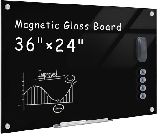 Magnetic Glass Whiteboard，36"x24" Wall Mounted Frameless Dry Erase Board for Office, Home & School Black