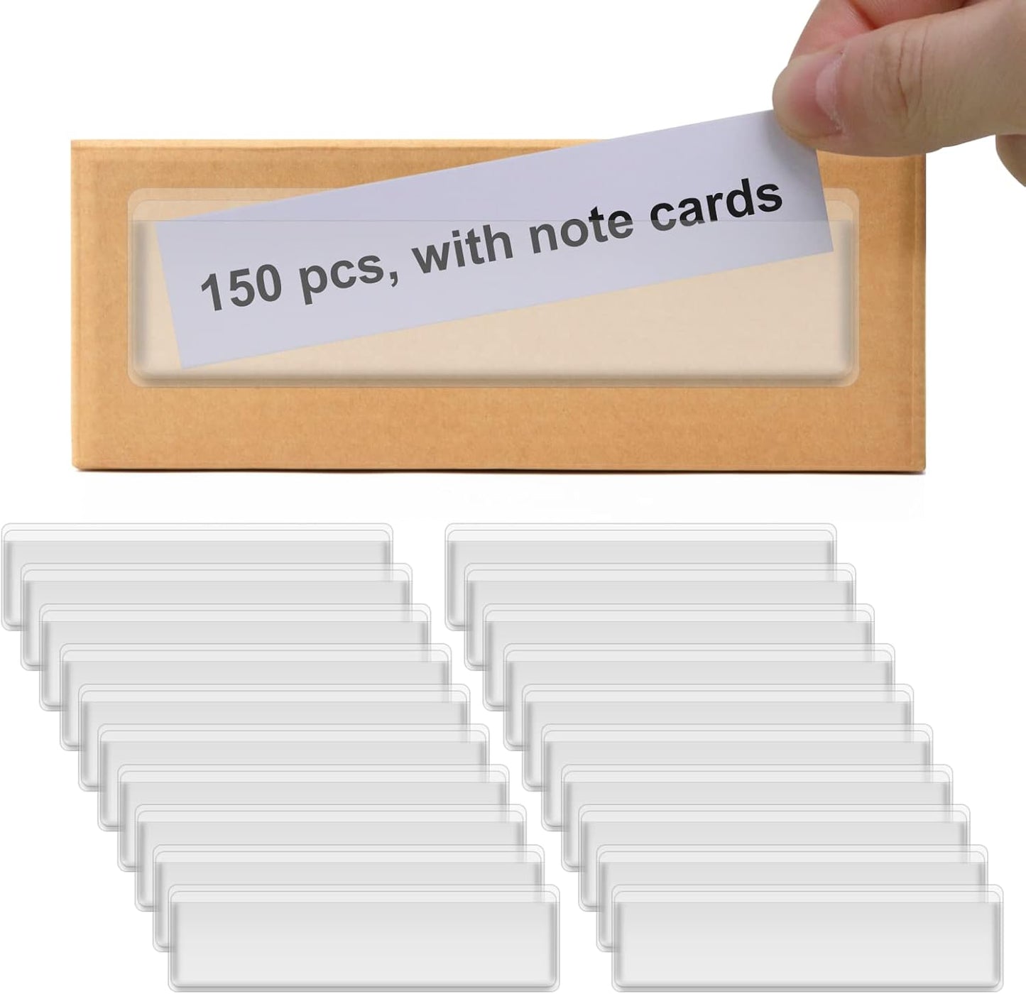 Label Holders Adhesive Shelf Tags - Fushing 150Pcs Clear Plastic Labels for Storage Bins with Name Label Badge Inserts, Removable Adhesive Pockets for Shelf Mailbox Binders Drawers Cabinets Organizer