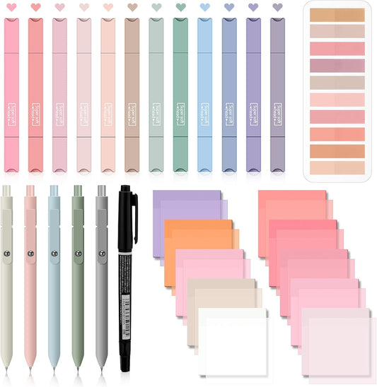 Jutom 38 Pcs Book Annotation Kit Aesthetic Highlighters Gel Pens Set Sticky Notes Tabs Markers Dual Ended Highlighter Quick Dry Ink Pens for Office Annotating Books(Pink Series,Square)