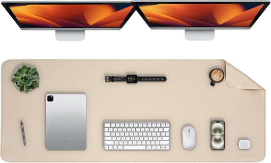 Oversized Non-Slip Desk Pad Protector – Grips Desk Firmly, Anti-Slip Like You've Never Seen! Vegan Leather Waterproof Laptop Mat for Keyboard & Mouse – Large Office Pad– Warm Beige