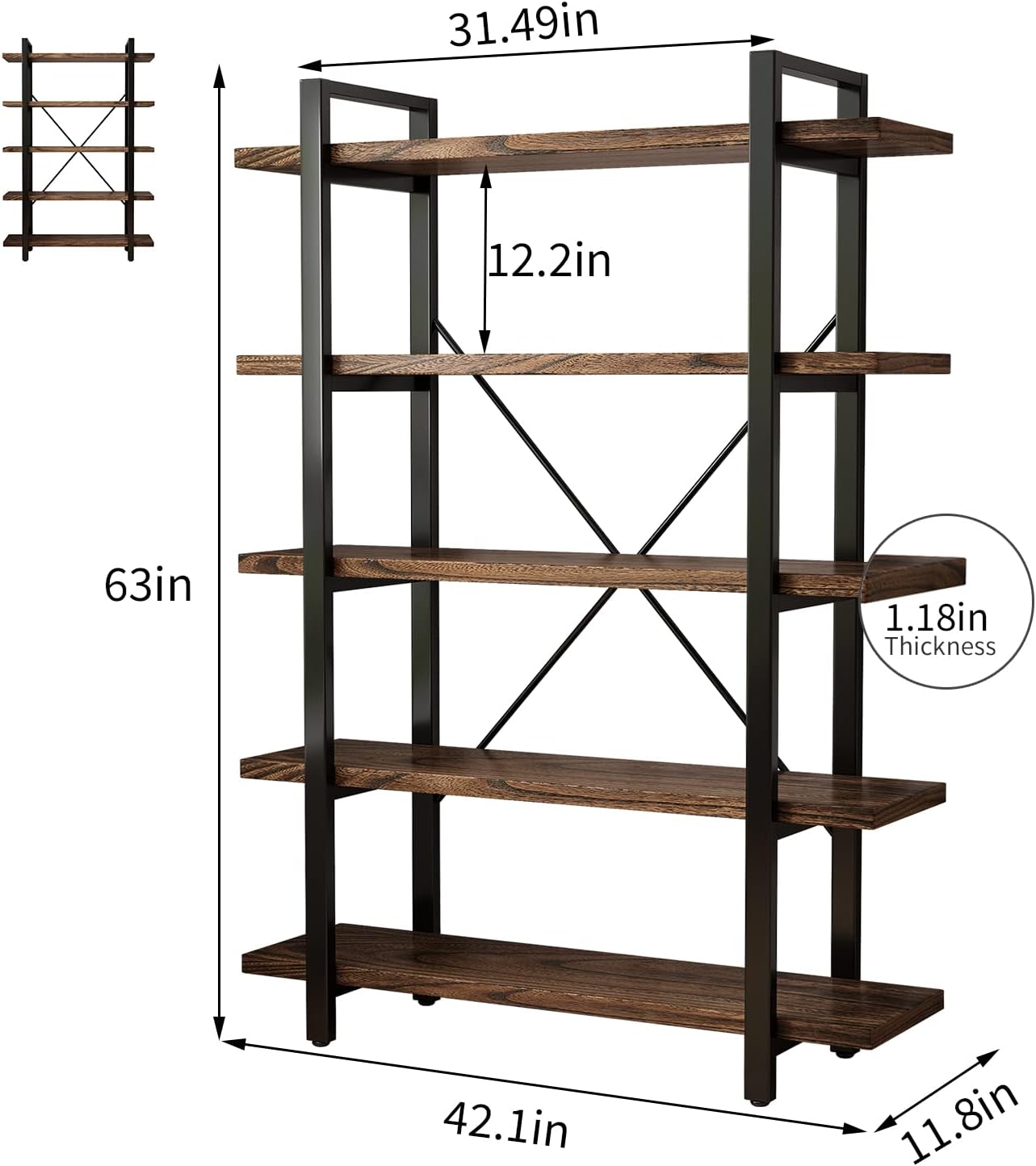 5-Tier Industrial Style Solid Wood Bookcase and Book Shelves,Rustic Wood and Metal Shelving Unit， Living Room,Modern Rustic Open Industrial Book Shelf Office,Distressed Brown (AY-02-5Tier)