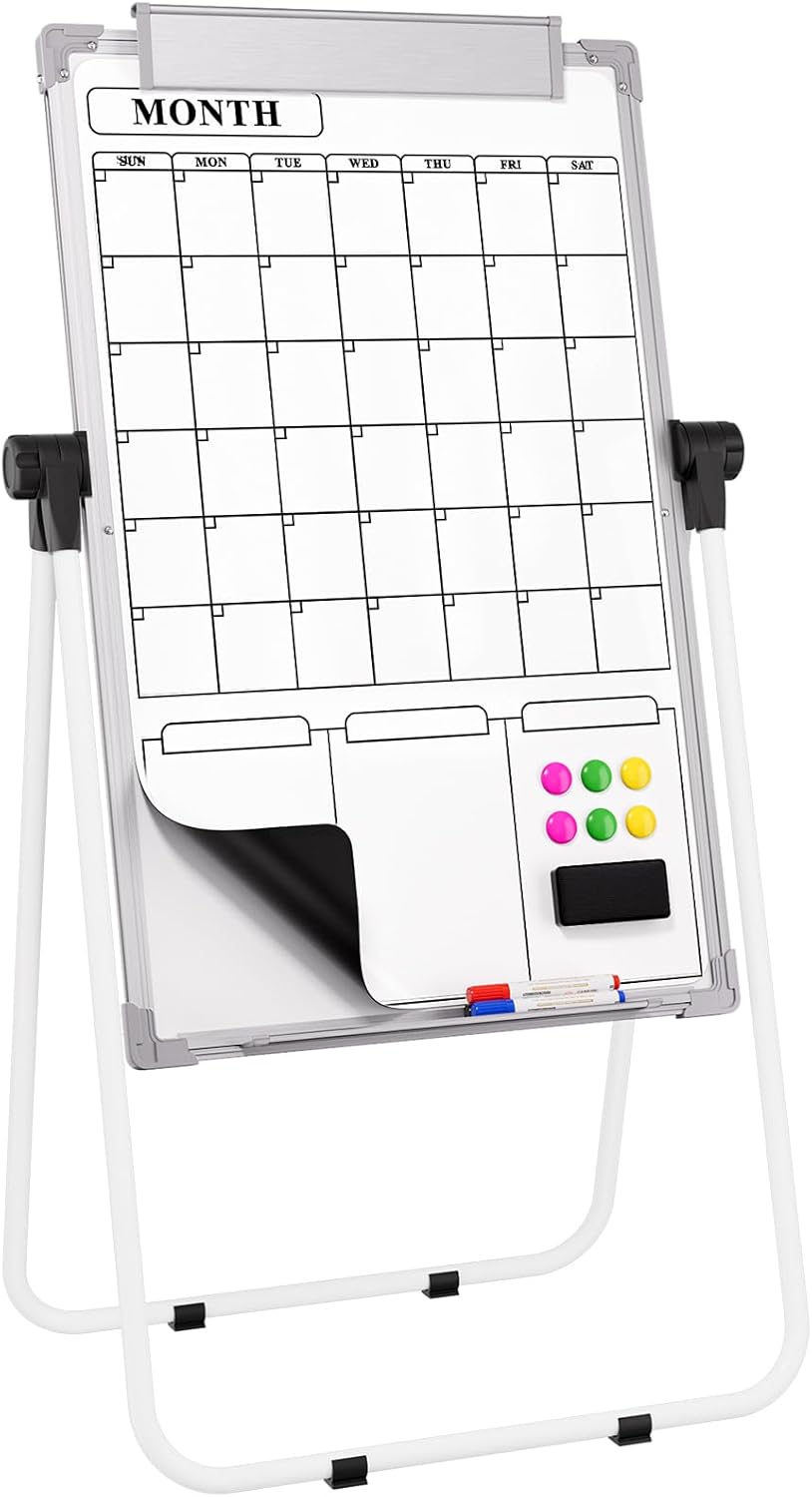 MaxGear Large Monthly White Board Stand with Calendar, 36" x 24" Double Sided Dry Erase Board Easel for School Classroom, Home Office Stand Flip Chart Height Adjustable