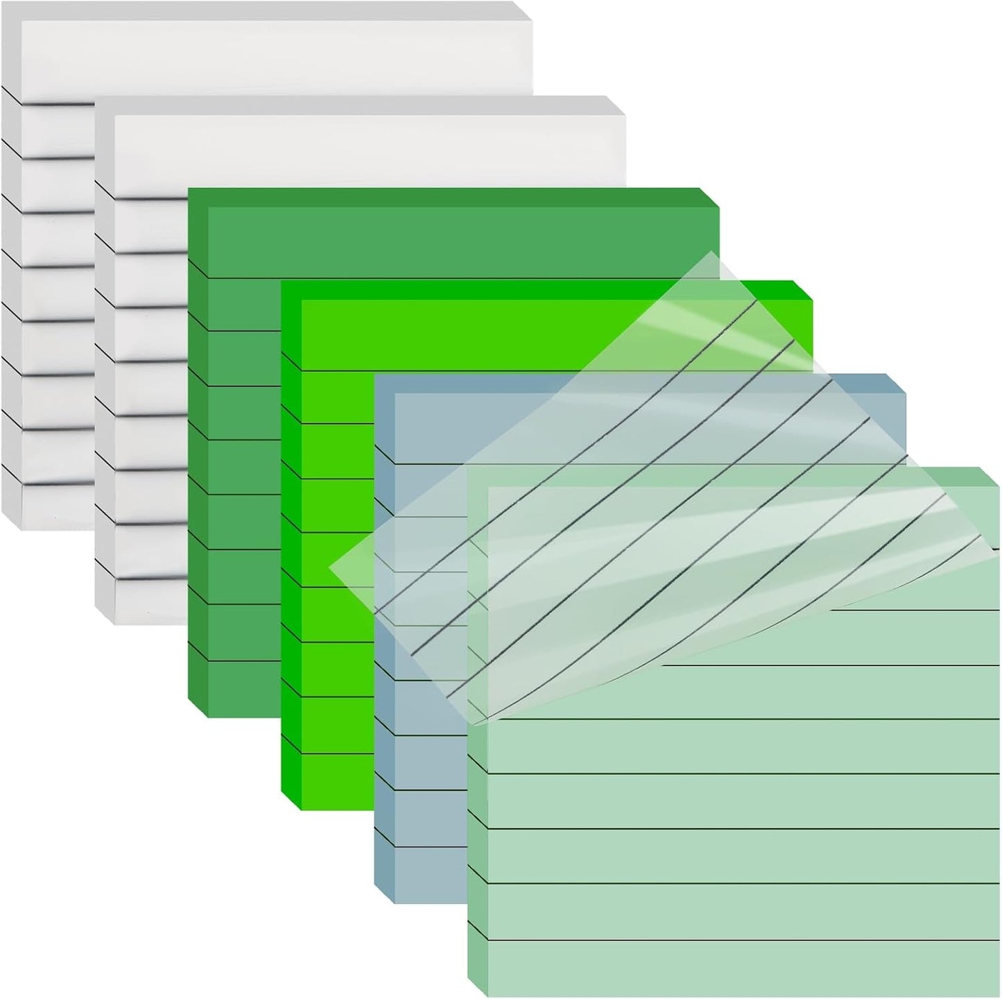 3x3 Inch Transparent Sticky Notes 300 Sheets, Clear Translucent Lined Self-Adhesive Memo Repositionable Reminder Pad for Office, College Students, Planners, Journals, School Supplies (Green)