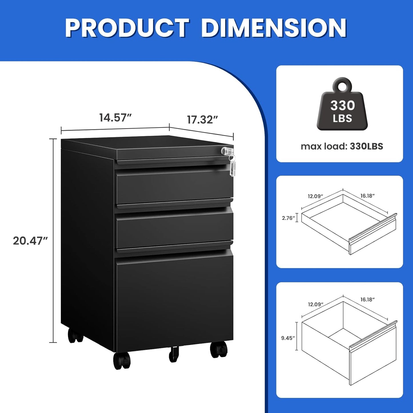 MIIIKO File Cabinet 3 Drawers on Wheels Under Desk, Black Metal Rolling File Cabinets with Lock for Home Office, Un-Assembled Filing Cabinet with Lock