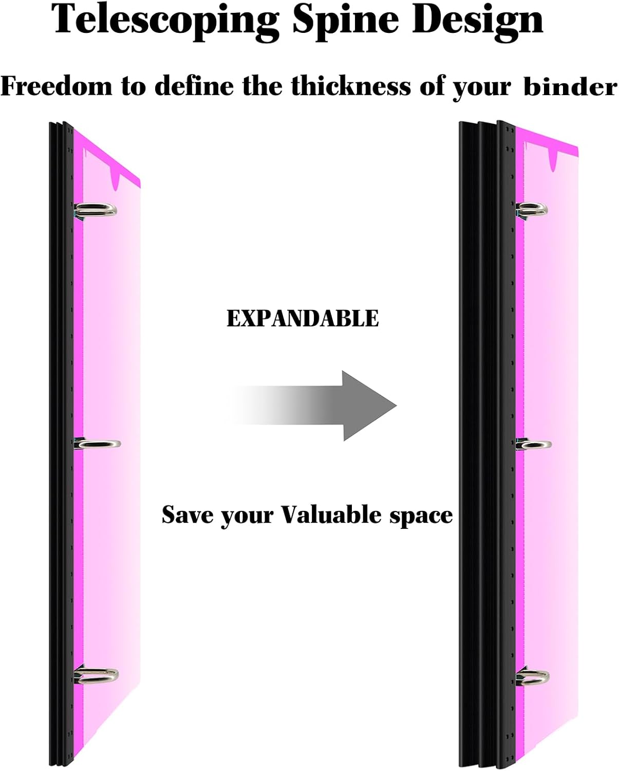 INFUN 1 Inch Telescoping 3 Ring Binder - 1PCS,Flexible Round Binder with Customizable Front Cover and Clear Catalog Pocket, 1 Inch Rings, 225 Sheet Capacity-Pink