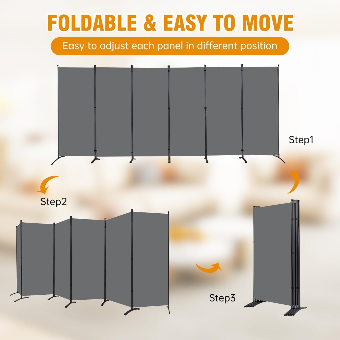 6 Panel Folding Privacy Screens, 6 FT Tall Wall Divider with Metal Frame, Freestanding Room Divider for Office Bedroom Study (6 Panel, Grey)