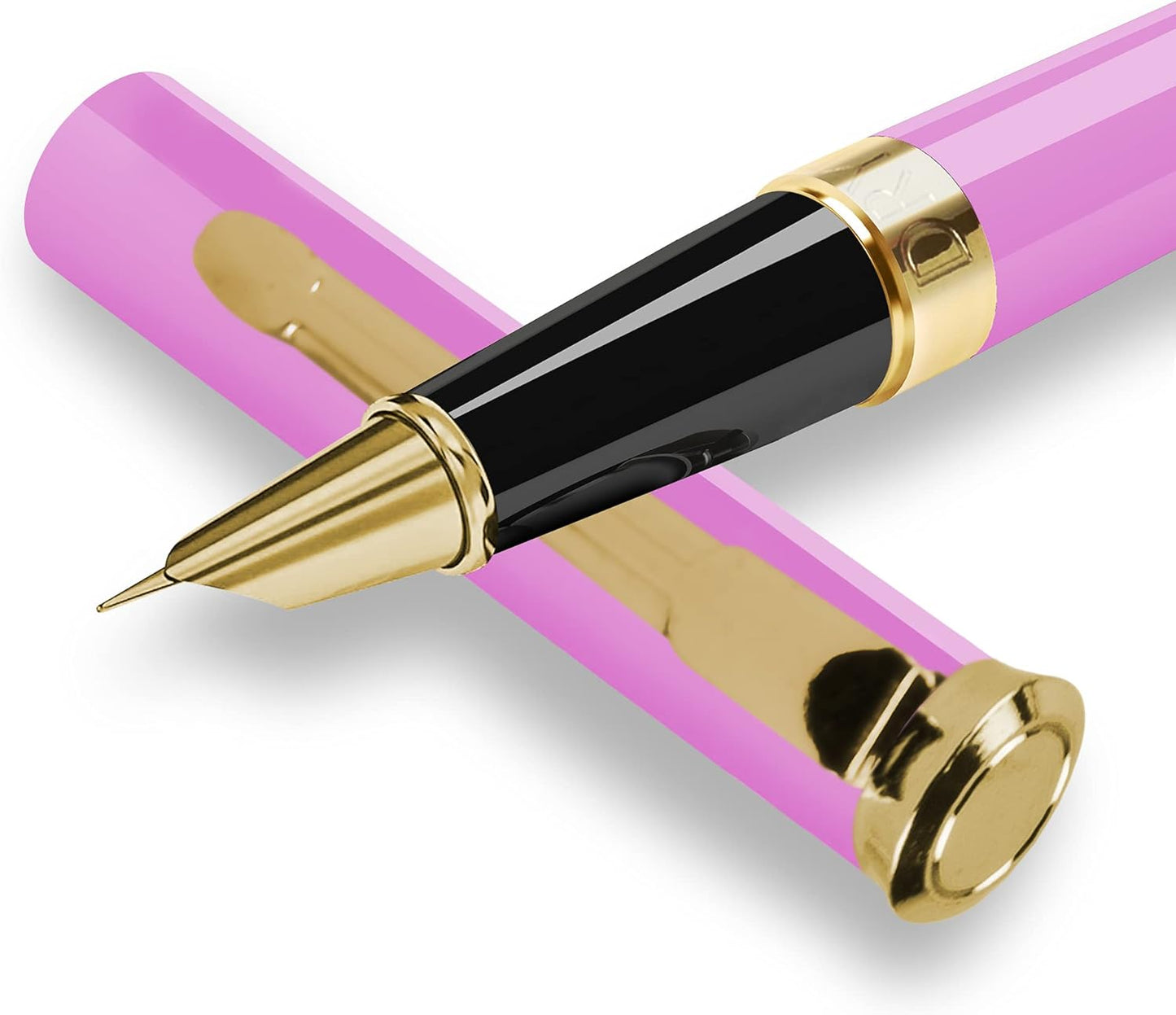 Dryden Designs Fine Nib Fountain Pen - Includes 24 Ink Cartridges - 12 Black and 12 Blue - Pink - Smooth Elegant Writing with Fine Nib and Ink Converters
