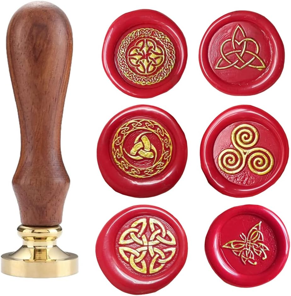 Celtic Knot Seal Wax Stamp with 6 Patterns Removable Brass Head + 1 Wood Handle, Represent Eternal Faith, Friendship, Love and Loyalty