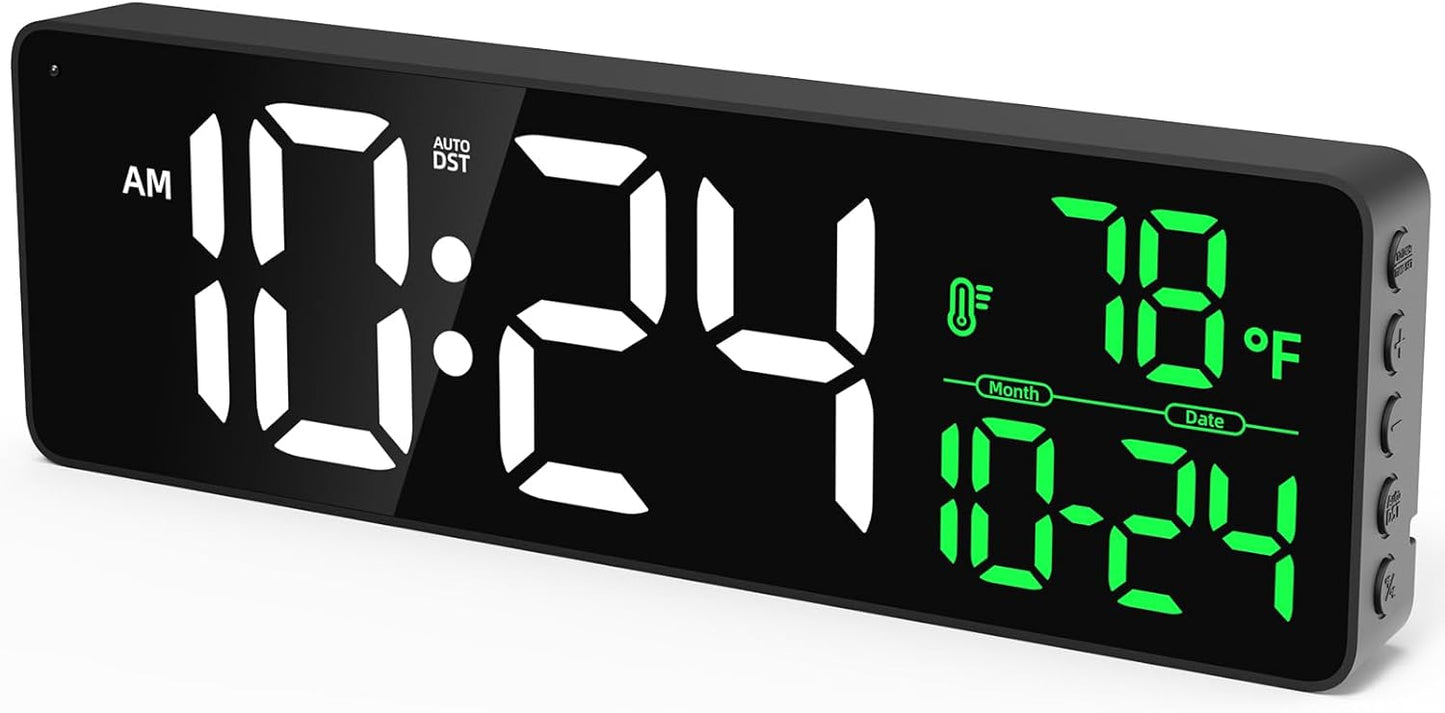 Large LED Digital Wall Clock with Date, Temperature, Auto-Brightness, Auto-DST | Big Digital Clock for Bedroom, Desk, Classroom, Living Room, Kitchen, Office, Gym, Farmhouse, Xmas Gift for Seniors