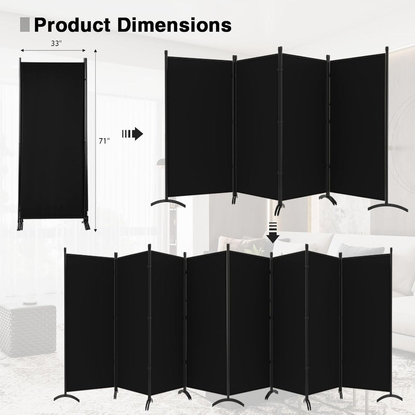 8 Panel Room Divider, Folding Privacy Panel Screens for Office Home Dorm Separation, Freestanding Patition Screen Fabric Panel Wall, Black