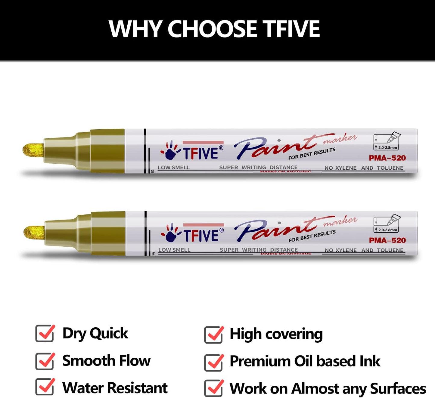 TFIVE Gold Permanent Paint Marker Pens - 2 Count Oil Based Marker Pen, Medium Tip, Waterproof & Quick Dry, for Office, Art projects, Rock Painting, Ceramic, Glass, Wood, Plastic, Metal, Canvas
