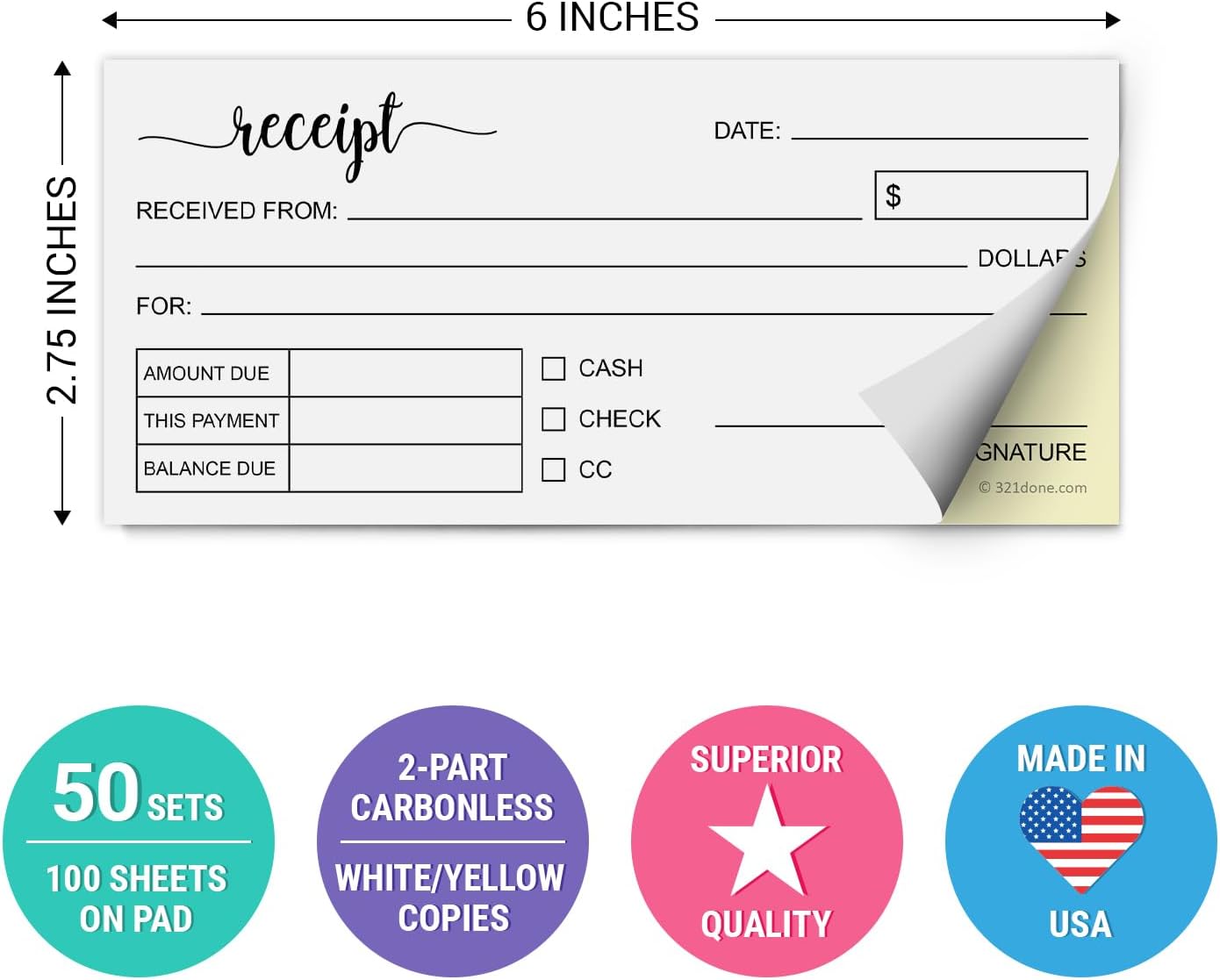 321Done Receipt Book, Made in USA - 2.75x6 Pocket Size 2-Part Carbonless, Cute Handheld Duplicate Copy Order Form for Craft Boutique Business - 50 White/Yellow Sets