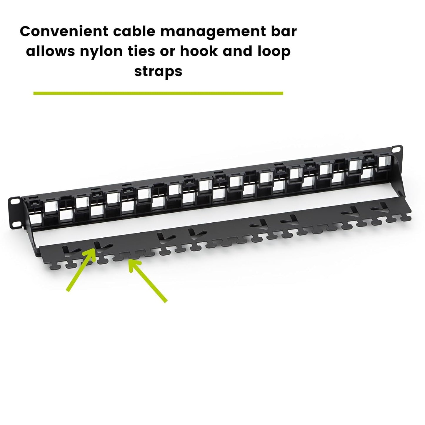 trueCABLE 3-D Staggered 24 Port 19” Toolless Modular Patch Panel, Unshielded, Blank, 1U Rack Mount, with Cable Management Bar, High Density, Black